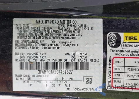 2012 Ford Fusion Sel from USA, damaged, VIN 3FAHP0JA5CR431627